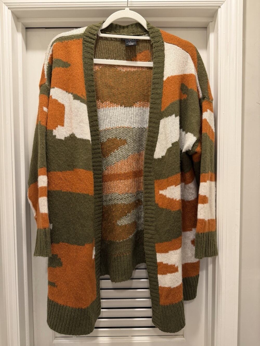 Runway 7 Women’s 2X Cardigan Sweater Olive Rust Cream Abstract Open Front